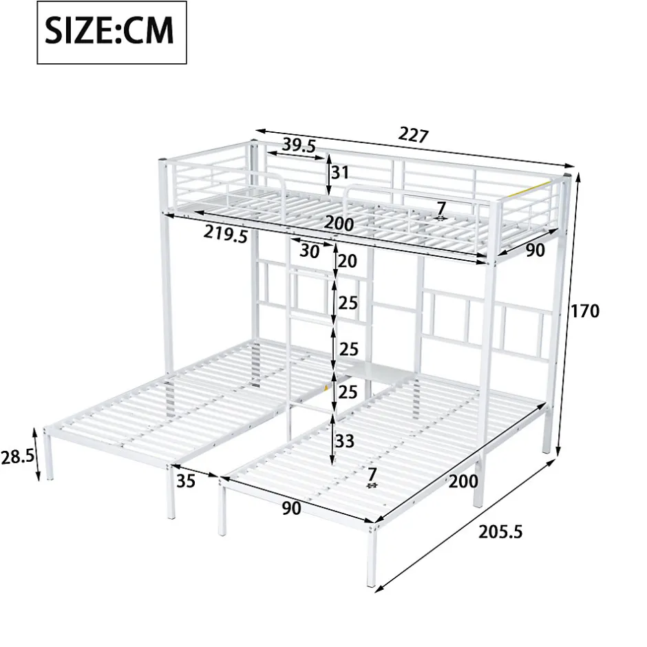 Enfant Redom Lit superposé 90x200 cm pour 3 personnes avec échelle intégrée et tablette tête de lit, structure métal blanc