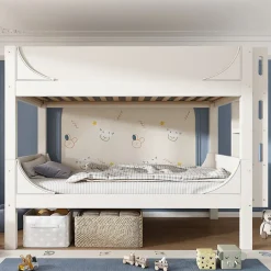 Enfant Redom Lit superposé 90x200 cm séparables avec échelle amovible et design luge en bois et métal, blanc