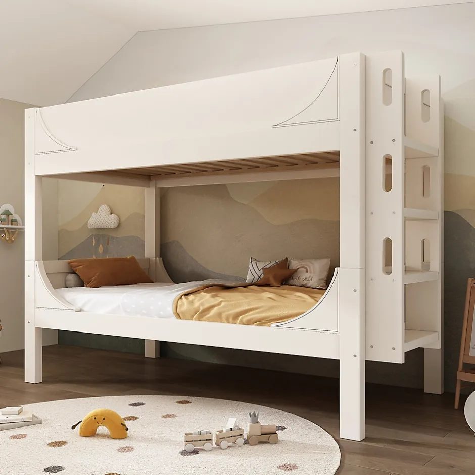 Enfant Redom Lit superposé 90x200 cm séparables avec échelle amovible et design luge en bois et métal, blanc