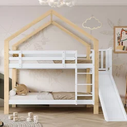 Fortuna lai Lit superposé 90x200 cm, toboggan, échelle 3 marches, sécurité, cadre bois blanc,naturel Hot