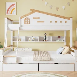 Enfant Okwish Lit superposé 90x200 et 140x200 cm enfant, 2 tiroirs, échelle et fenêtre, bois pin et MDF blanc et naturel sans matelas