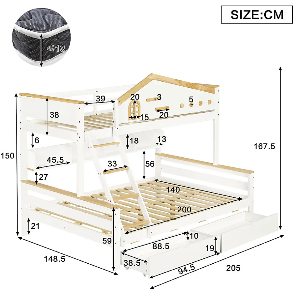 Enfant Okwish Lit superposé 90x200 et 140x200 cm enfant, 2 tiroirs, échelle et fenêtre, bois pin et MDF blanc et naturel sans matelas