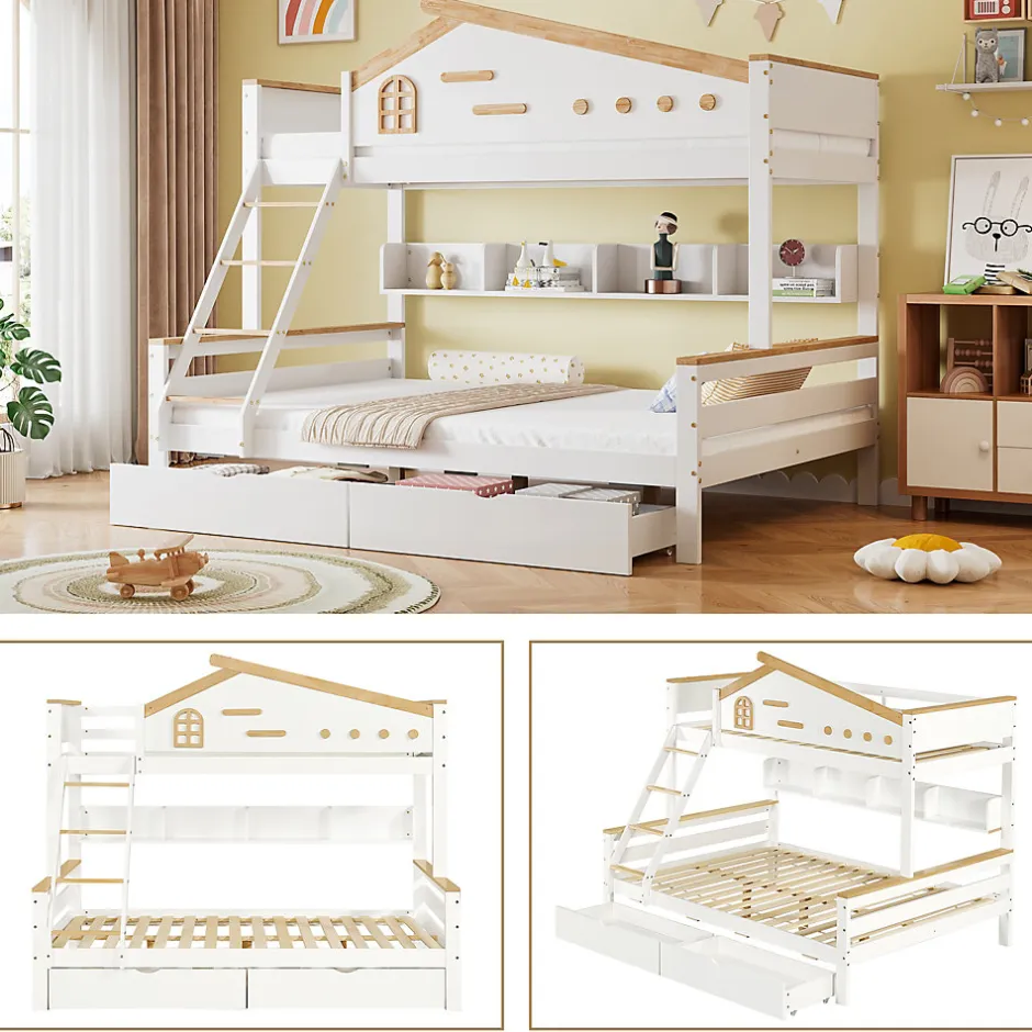 Enfant Okwish Lit superposé 90x200 et 140x200 cm enfant, 2 tiroirs, échelle et fenêtre, bois pin et MDF blanc et naturel sans matelas