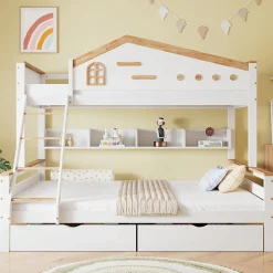 ProximaX Lit superposé 90x200 et 140x200 cm en pin et MDF blanc avec barrières, 2 tiroirs, échelle 4 marches et étagères ouvertes Discount