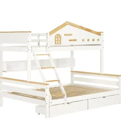 ProximaX Lit superposé 90x200 et 140x200 cm en pin et MDF blanc avec barrières, 2 tiroirs, échelle 4 marches et étagères ouvertes Discount