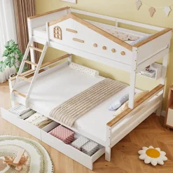 ProximaX Lit superposé 90x200 et 140x200 cm en pin et MDF blanc avec barrières, 2 tiroirs, échelle 4 marches et étagères ouvertes Discount
