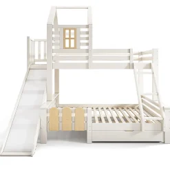 Enfant Blackcolors Lit superposé 90x200 et 140x200cm, lit mezzanine pour enfant avec tiroir, toboggan et échelle, design cabane