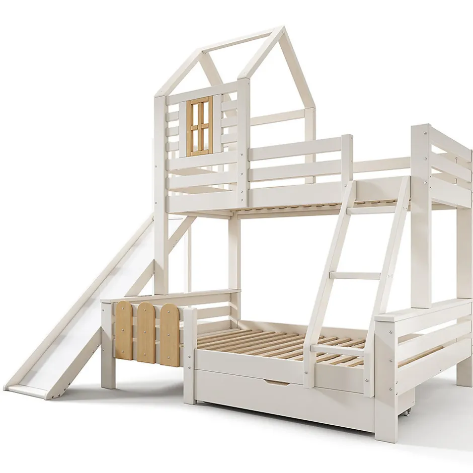 Enfant Blackcolors Lit superposé 90x200 et 140x200cm, lit mezzanine pour enfant avec tiroir, toboggan et échelle, design cabane