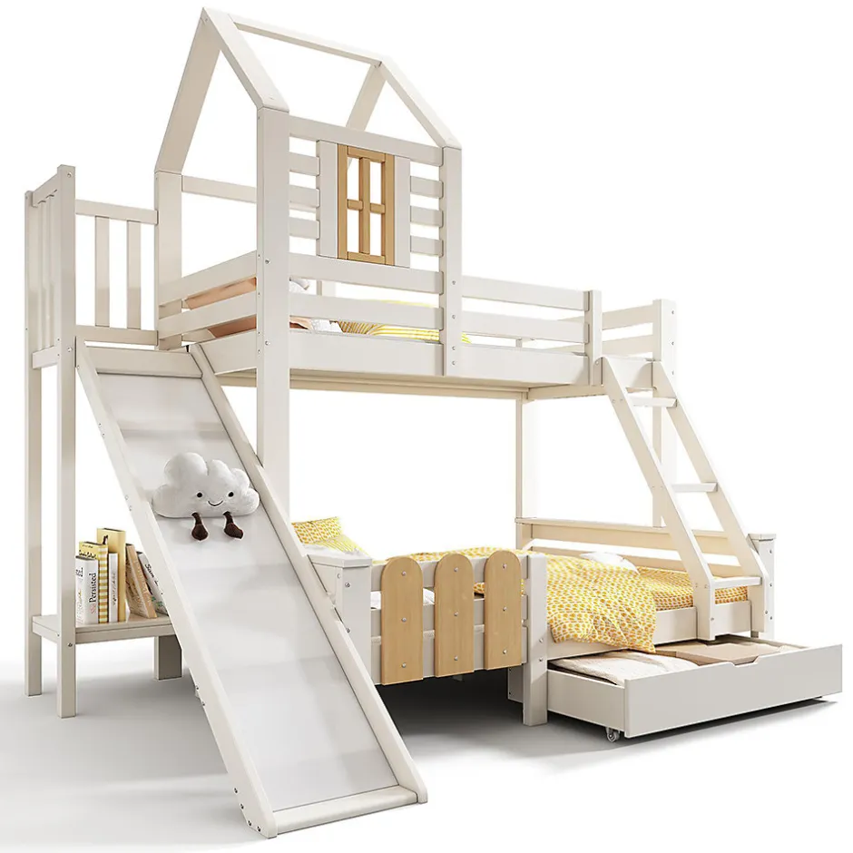 Enfant Blackcolors Lit superposé 90x200 et 140x200cm, lit mezzanine pour enfant avec tiroir, toboggan et échelle, design cabane