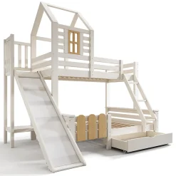 Enfant Blackcolors Lit superposé 90x200 et 140x200cm, lit mezzanine pour enfant avec tiroir, toboggan et échelle, design cabane