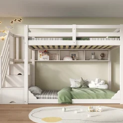 Enfant ModernLuxe Lit superposé 90x200cm avec escalier de rangement et étagères - 2 tiroirs - Bois massif+panneaux de particules - Blanc