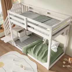 Enfant ModernLuxe Lit superposé 90x200cm avec escalier de rangement et étagères - 2 tiroirs - Bois massif+panneaux de particules - Blanc