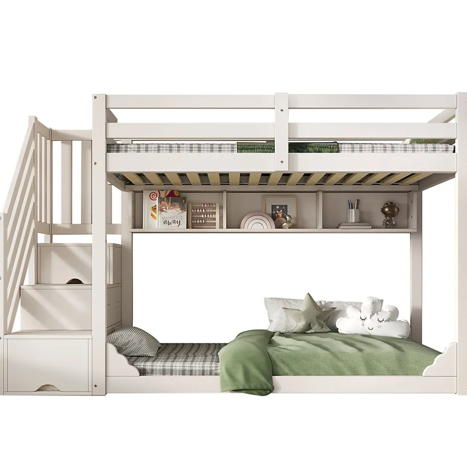 Enfant ModernLuxe Lit superposé 90x200cm avec escalier de rangement et étagères - 2 tiroirs - Bois massif+panneaux de particules - Blanc
