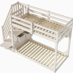 Enfant ModernLuxe Lit superposé 90x200cm avec escalier de rangement et étagères - 2 tiroirs - Bois massif+panneaux de particules - Blanc