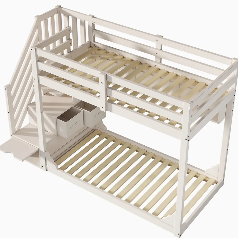 Enfant ModernLuxe Lit superposé 90x200cm avec escalier de rangement et étagères - 2 tiroirs - Bois massif+panneaux de particules - Blanc