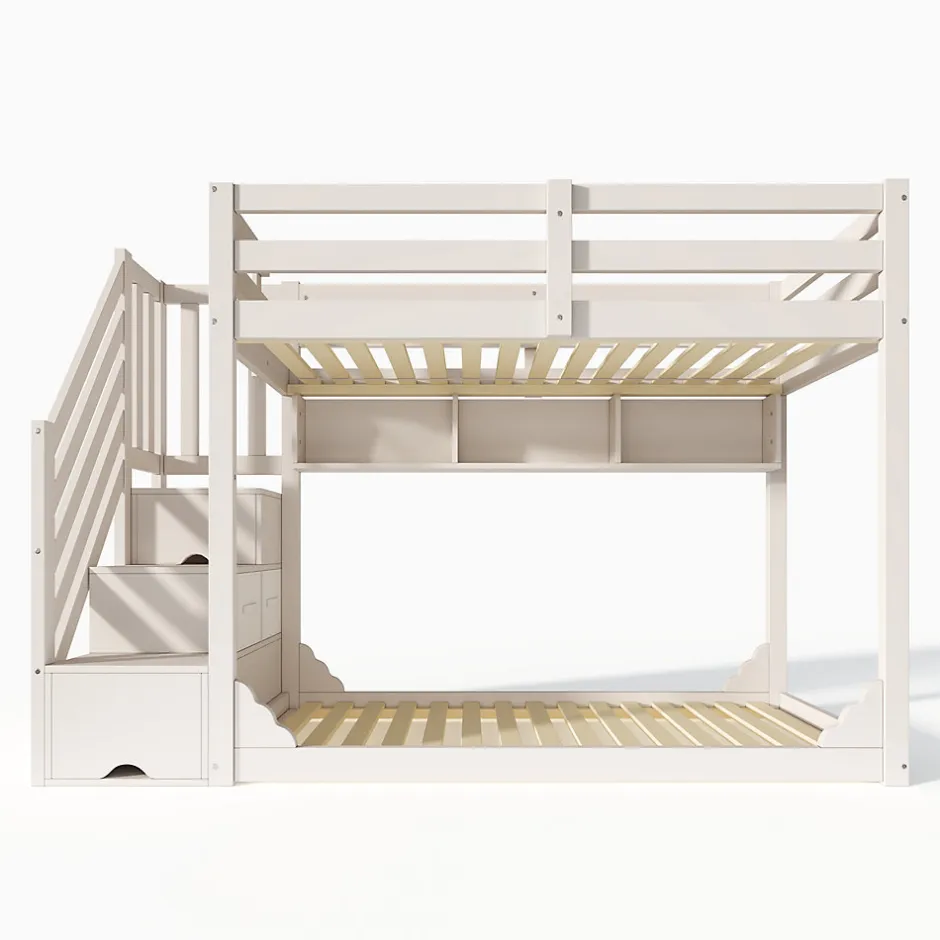 Enfant ModernLuxe Lit superposé 90x200cm avec escalier de rangement et étagères - 2 tiroirs - Bois massif+panneaux de particules - Blanc