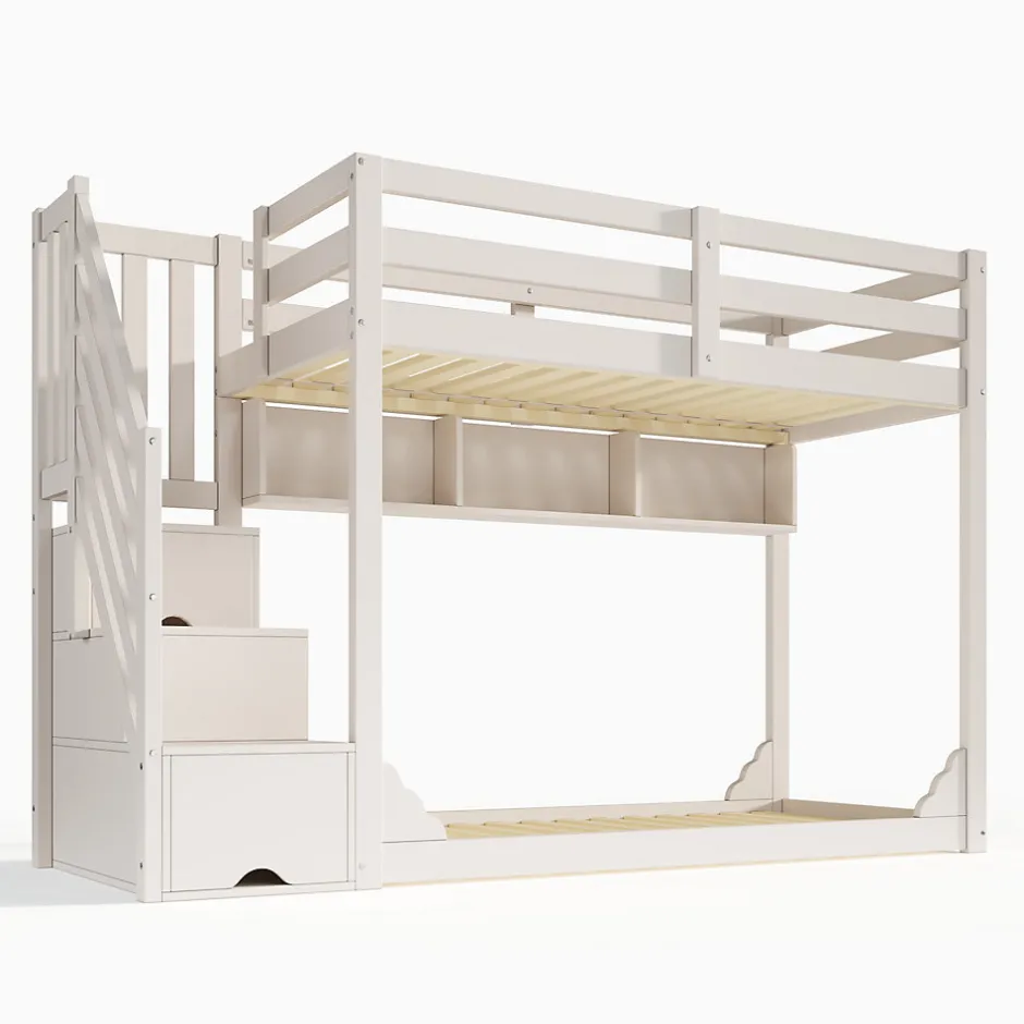Enfant ModernLuxe Lit superposé 90x200cm avec escalier de rangement et étagères - 2 tiroirs - Bois massif+panneaux de particules - Blanc