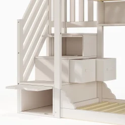 Enfant ModernLuxe Lit superposé 90x200cm avec escalier de rangement et étagères - 2 tiroirs - Bois massif+panneaux de particules - Blanc