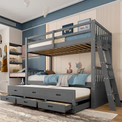 Simple Life Lit superposé 90x200cm avec lit gigogne et 3 tiroirs, pin MDF, pour enfants, sans matelas, gris Hot
