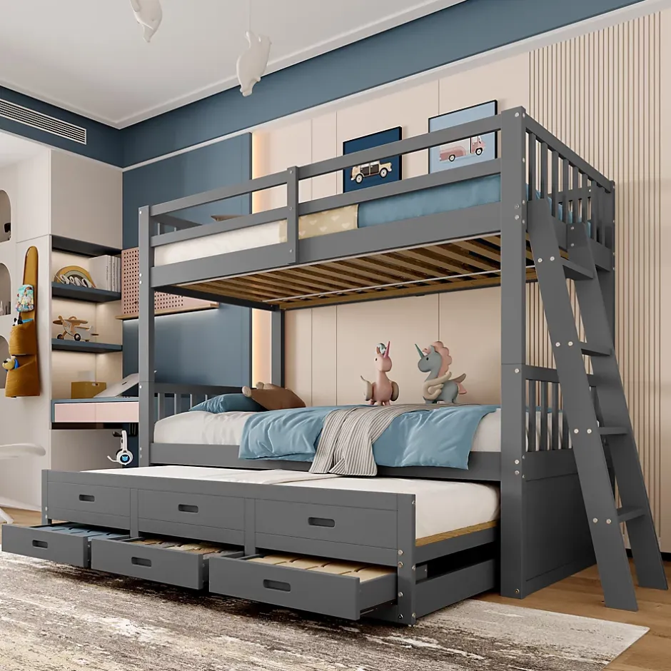 Simple Life Lit superposé 90x200cm avec lit gigogne et 3 tiroirs, pin MDF, pour enfants, sans matelas, gris Hot