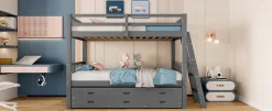 Simple Life Lit superposé 90x200cm avec lit gigogne et 3 tiroirs, pin MDF, pour enfants, sans matelas, gris Hot