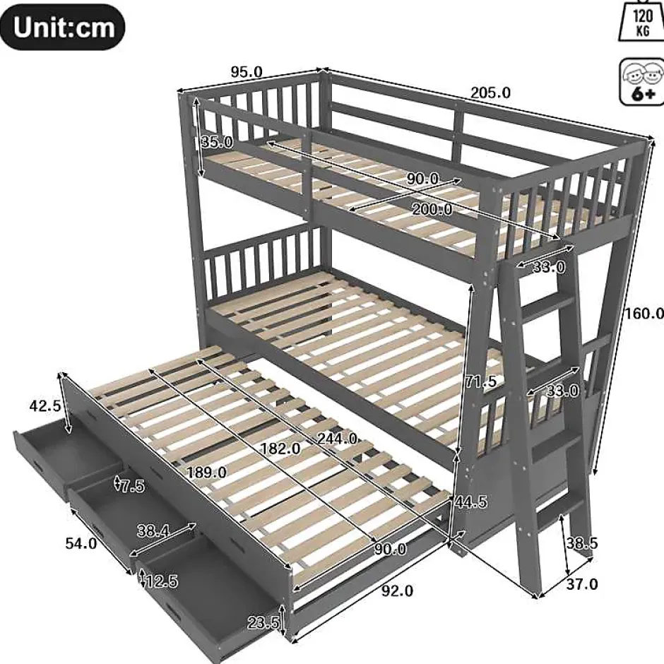 Simple Life Lit superposé 90x200cm avec lit gigogne et 3 tiroirs, pin MDF, pour enfants, sans matelas, gris Hot