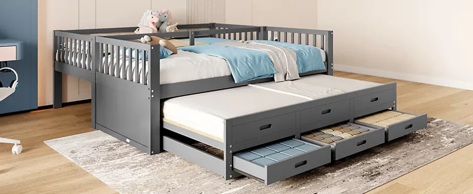 Simple Life Lit superposé 90x200cm avec lit gigogne et 3 tiroirs, pin MDF, pour enfants, sans matelas, gris Hot