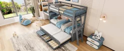 Simple Life Lit superposé 90x200cm avec lit gigogne et 3 tiroirs, pin MDF, pour enfants, sans matelas, gris Hot