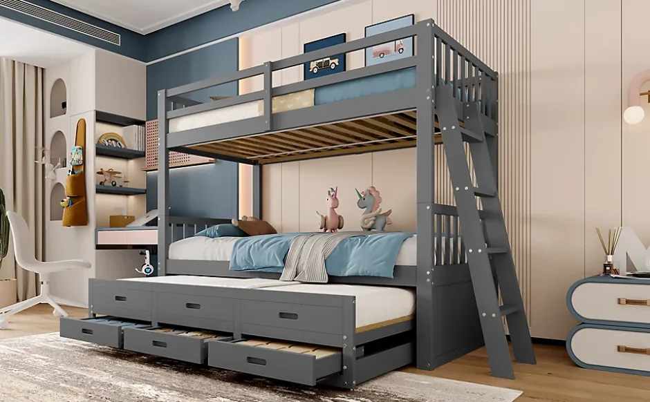 Simple Life Lit superposé 90x200cm avec lit gigogne et 3 tiroirs, pin MDF, pour enfants, sans matelas, gris Hot