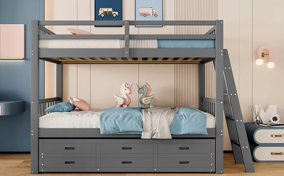 Simple Life Lit superposé 90x200cm avec lit gigogne et 3 tiroirs, pin MDF, pour enfants, sans matelas, gris Hot