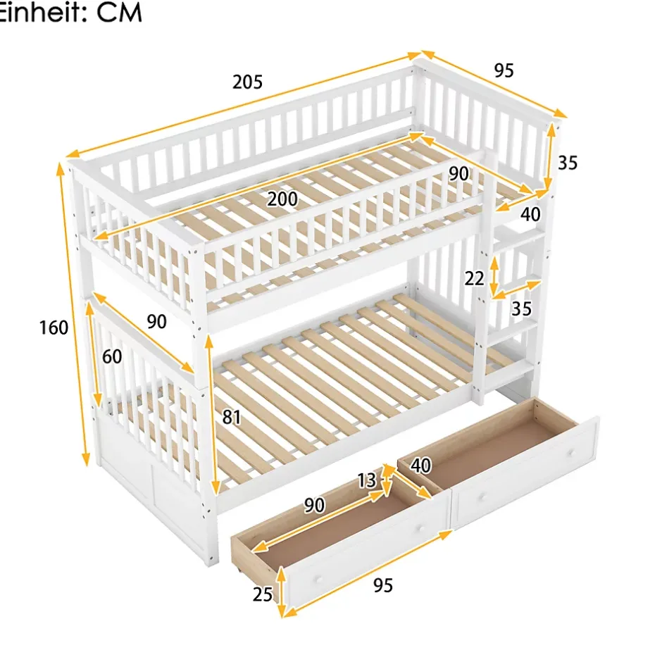 ProximaX Lit superposé 90x200cm pour enfants avec tiroirs, convertible, fonctionnel, blanc, Lit cabriolet pratique et gain de place Discount