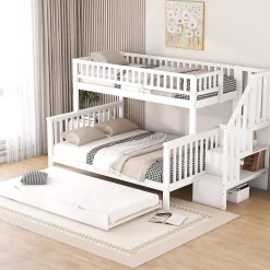 Redom Lit superposé 90x200/140x200 avec sommiers inclus et tiroir gigogne, échelle à rangements, en pin massif blanc Online