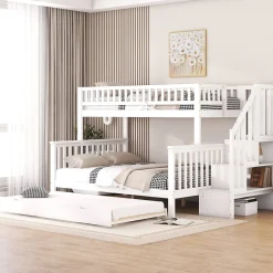 Redom Lit superposé 90x200/140x200 avec sommiers inclus et tiroir gigogne, échelle à rangements, en pin massif blanc Online