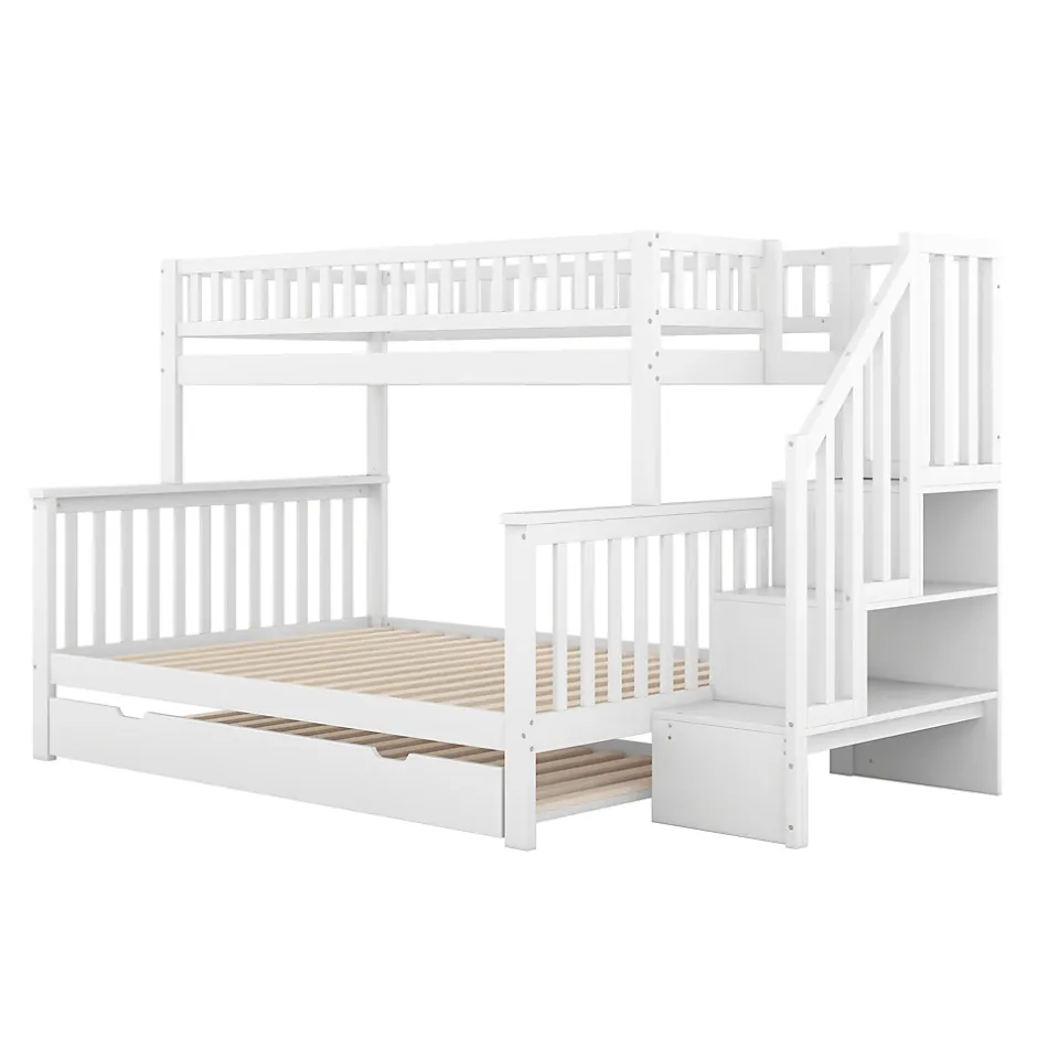 Redom Lit superposé 90x200/140x200 avec sommiers inclus et tiroir gigogne, échelle à rangements, en pin massif blanc Online