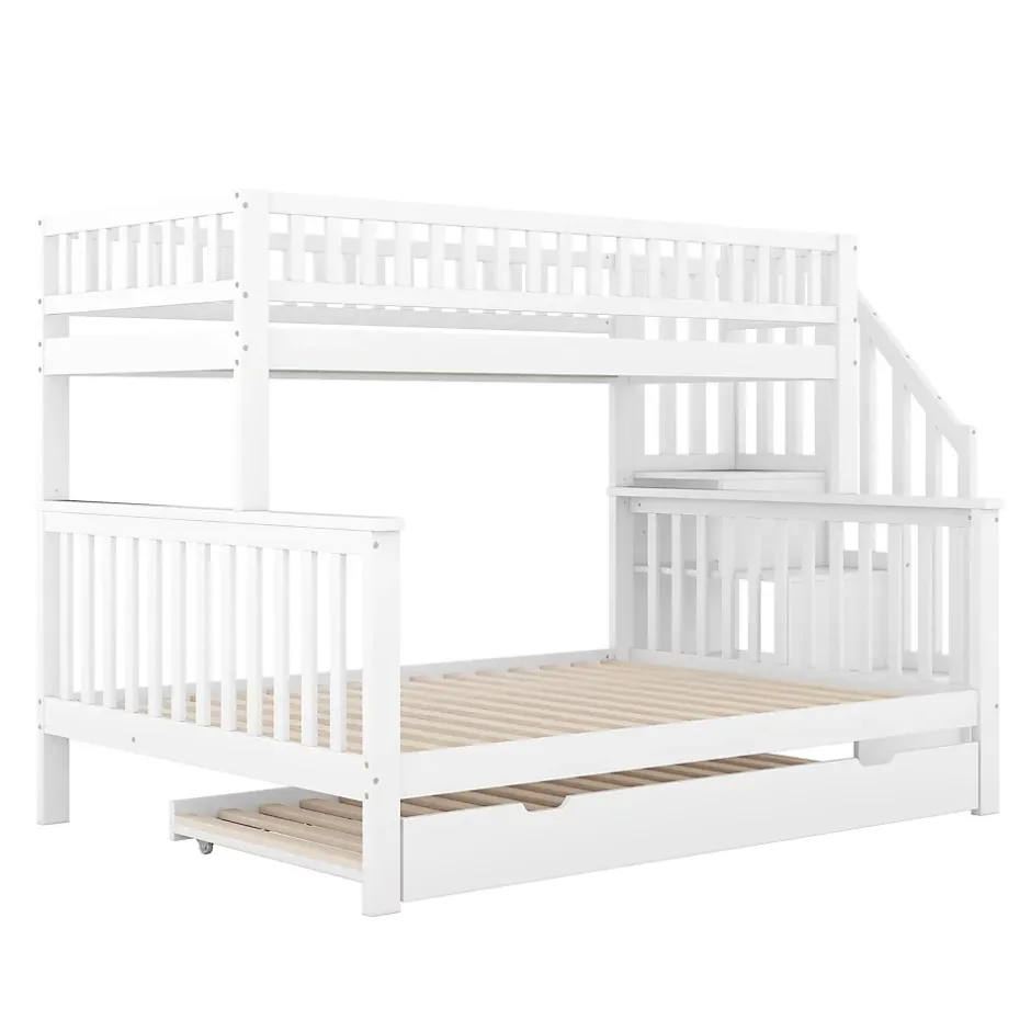 Redom Lit superposé 90x200/140x200 avec sommiers inclus et tiroir gigogne, échelle à rangements, en pin massif blanc Online