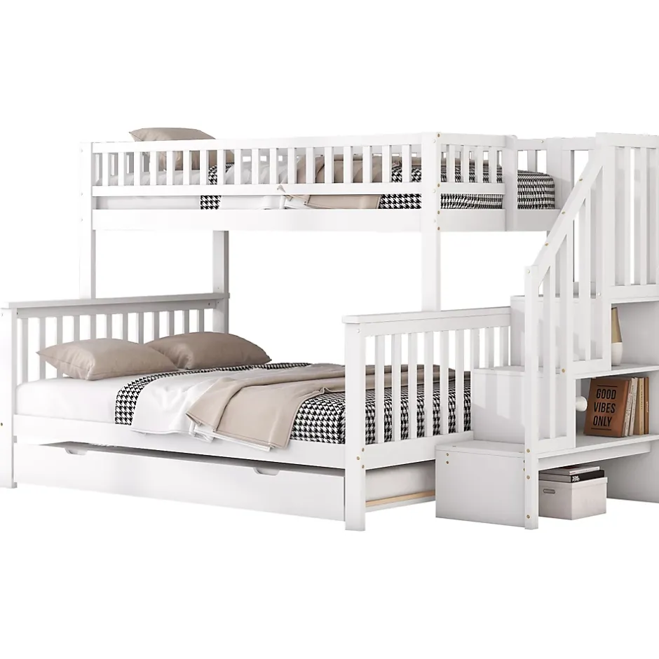 Redom Lit superposé 90x200/140x200 avec sommiers inclus et tiroir gigogne, échelle à rangements, en pin massif blanc Online