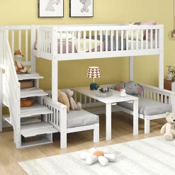Enfant Redom Lit superposé 90x200/120x200 avec table rabattable et escalier de rangement, structure bois/MDF blanc