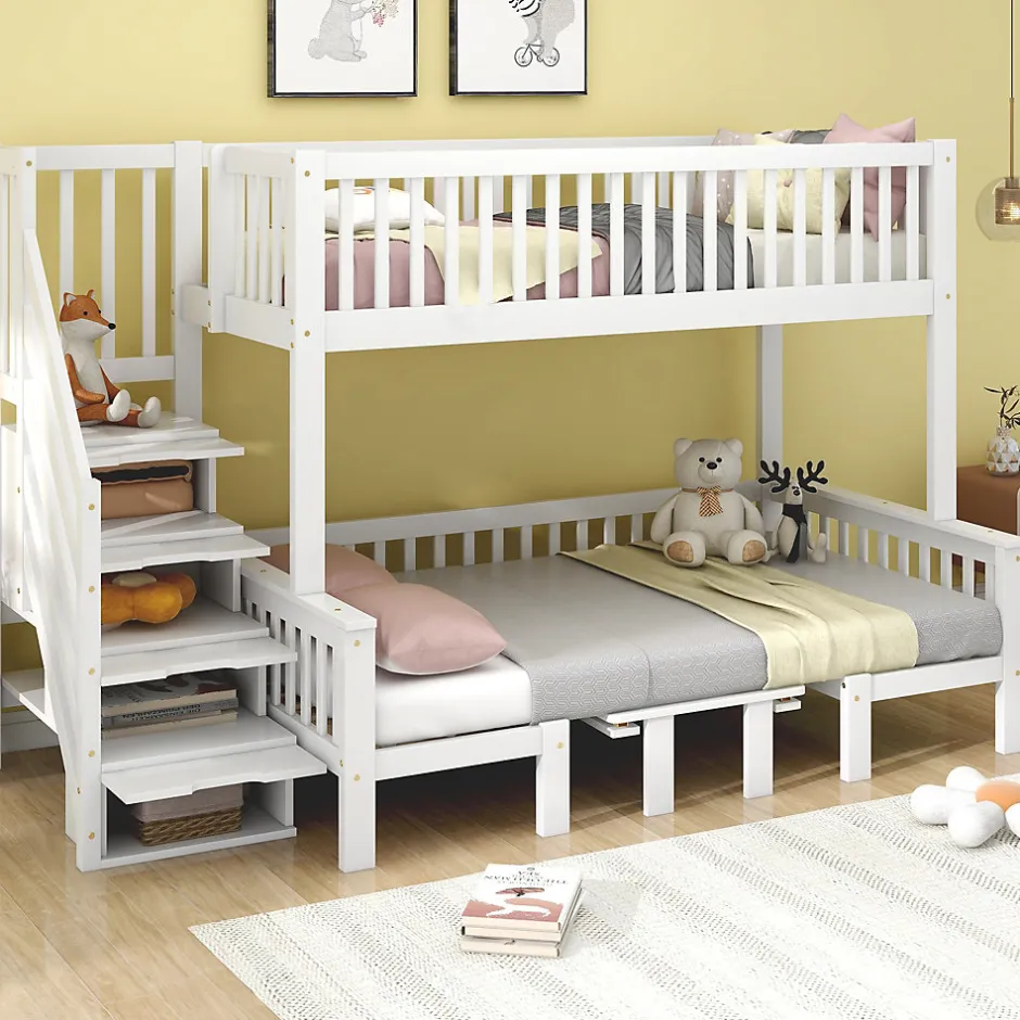 Enfant Redom Lit superposé 90x200/120x200 avec table rabattable et escalier de rangement, structure bois/MDF blanc