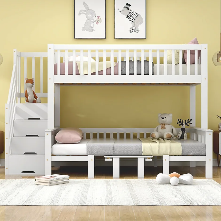 Enfant Redom Lit superposé 90x200/120x200 avec table rabattable et escalier de rangement, structure bois/MDF blanc
