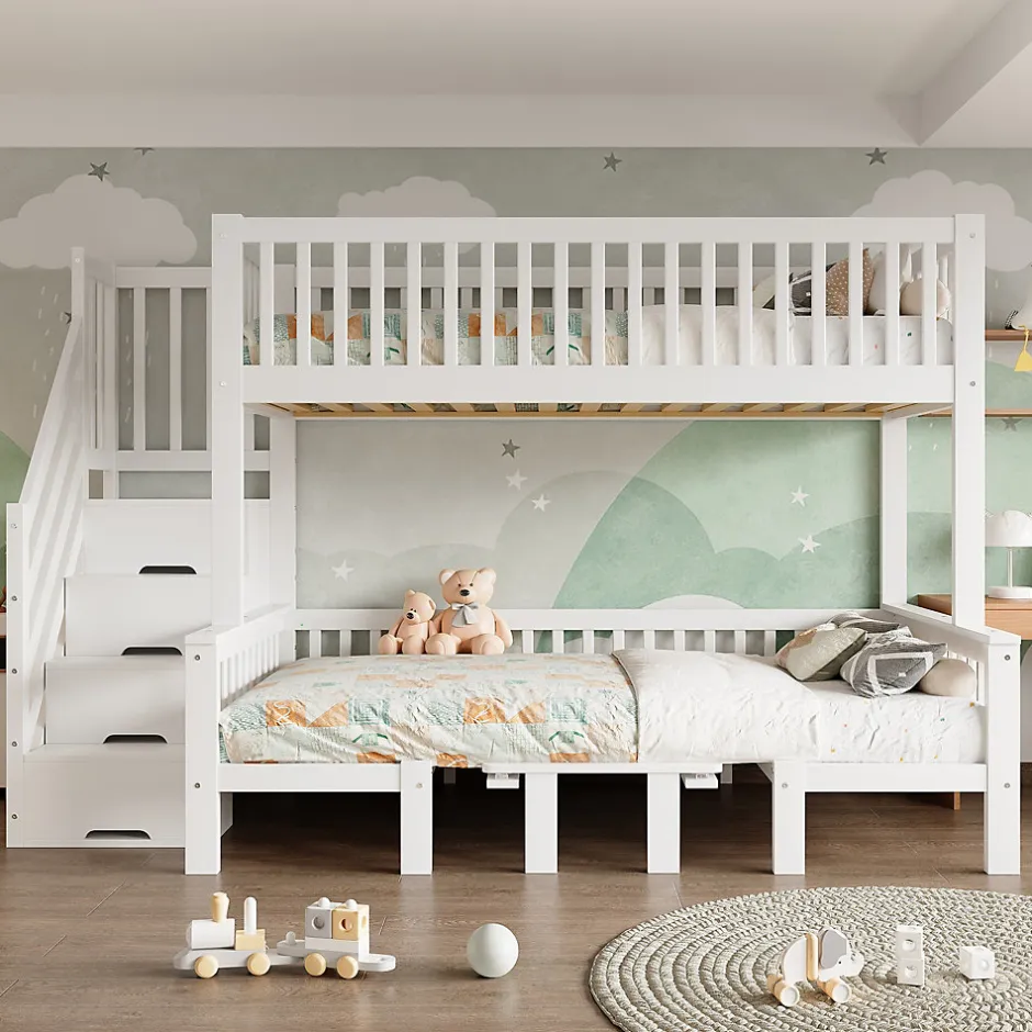 Enfant Redom Lit superposé 90x200/120x200 avec table rabattable et escalier de rangement, structure bois/MDF blanc
