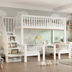 Enfant Redom Lit superposé 90x200/120x200 avec table rabattable et escalier de rangement, structure bois/MDF blanc