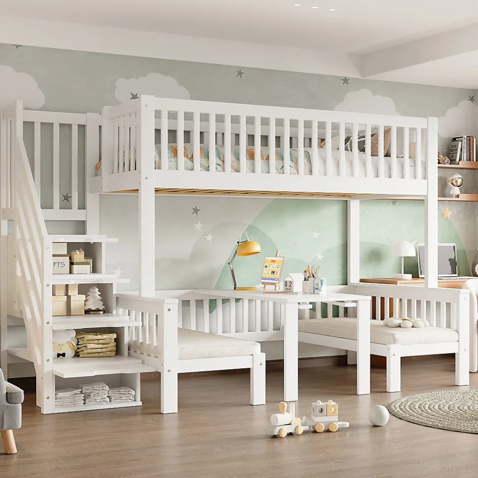 Enfant Redom Lit superposé 90x200/120x200 avec table rabattable et escalier de rangement, structure bois/MDF blanc