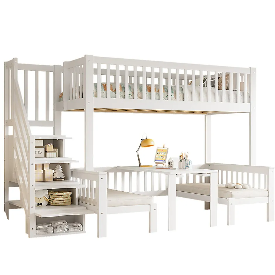 Enfant Redom Lit superposé 90x200/120x200 avec table rabattable et escalier de rangement, structure bois/MDF blanc