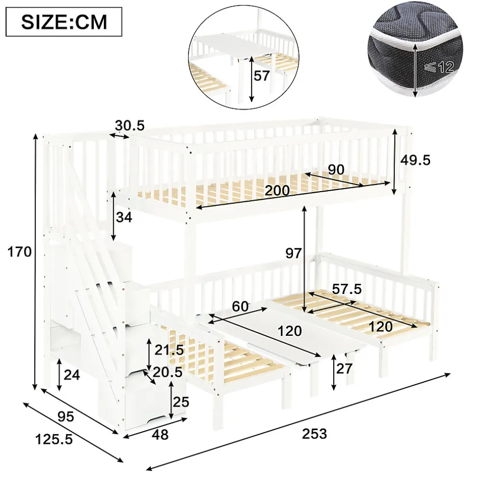 Enfant Redom Lit superposé 90x200/120x200 avec table rabattable et escalier de rangement, structure bois/MDF blanc