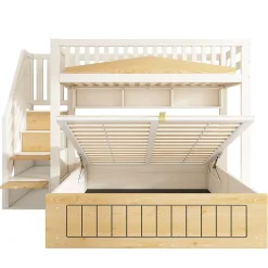 ModernLuxe Lit superposé 90x200+140x200 cm - lit inférieur avec rangement - escalier avec rangement - port USB - Blanc/Naturel (sans matelas) Discount