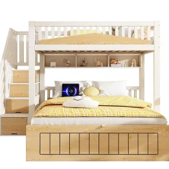 ModernLuxe Lit superposé 90x200+140x200 cm - lit inférieur avec rangement - escalier avec rangement - port USB - Blanc/Naturel (sans matelas) Discount