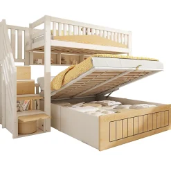 ModernLuxe Lit superposé 90x200+140x200 cm - lit inférieur avec rangement - escalier avec rangement - port USB - Blanc/Naturel (sans matelas) Discount
