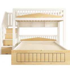 ModernLuxe Lit superposé 90x200+140x200 cm - lit inférieur avec rangement - escalier avec rangement - port USB - Blanc/Naturel (sans matelas) Discount