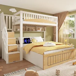 ModernLuxe Lit superposé 90x200+140x200 cm - lit inférieur avec rangement - escalier avec rangement - port USB - Blanc/Naturel (sans matelas) Discount