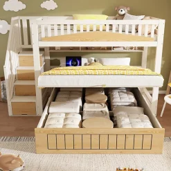 ModernLuxe Lit superposé 90x200+140x200 cm - lit inférieur avec rangement - escalier avec rangement - port USB - Blanc/Naturel (sans matelas) Discount